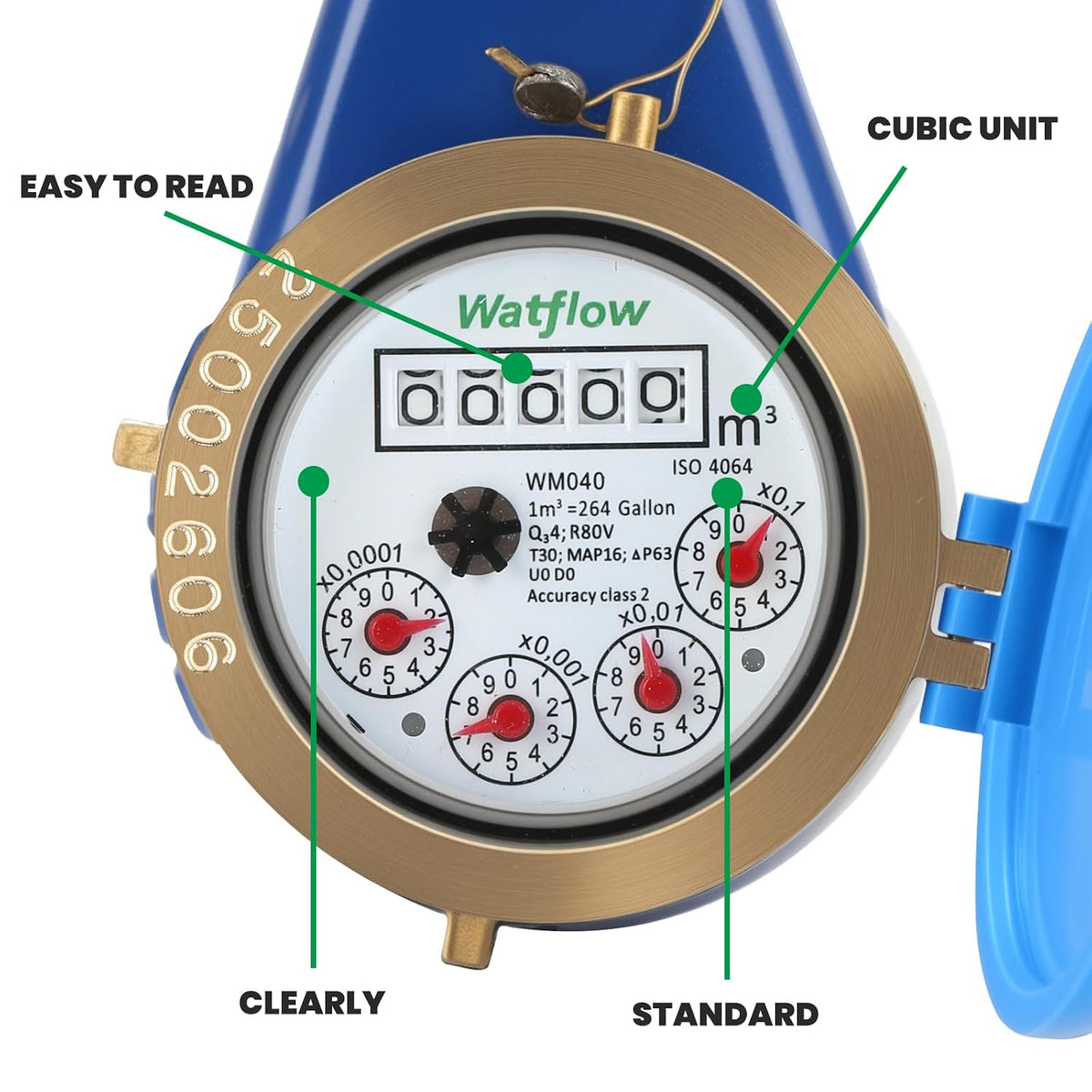 DN20 Vertical Water Meter with 3/4" NPT Couplings, Heavy Brass Cold Water Meter Measuring in Cubic,Water Meter with Pulse Output, ISO4064 Certification for Garden/Home/Apartment.