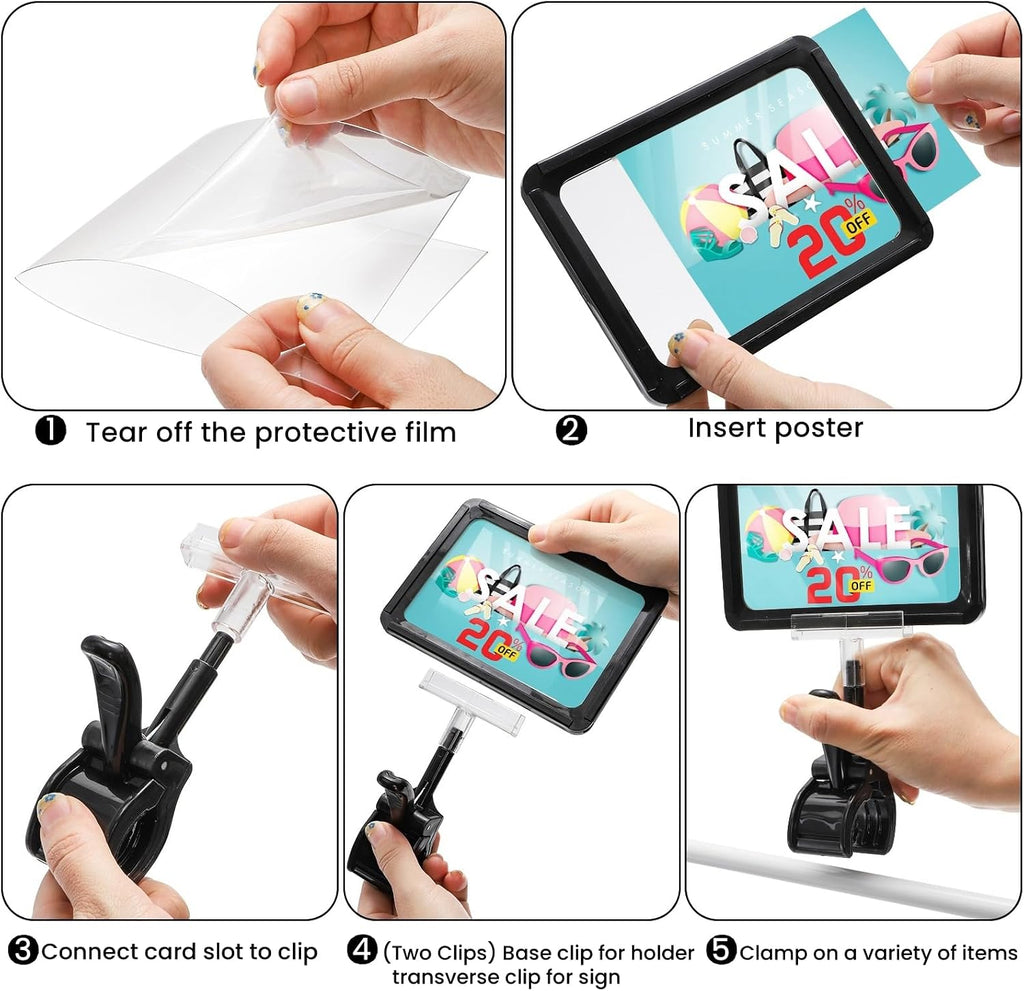10 Pack Acrylic Sign Holder with Clamp, Rotating Clip Pop Swivel Sign with PVC Card Protector, Double Head Sale Signs