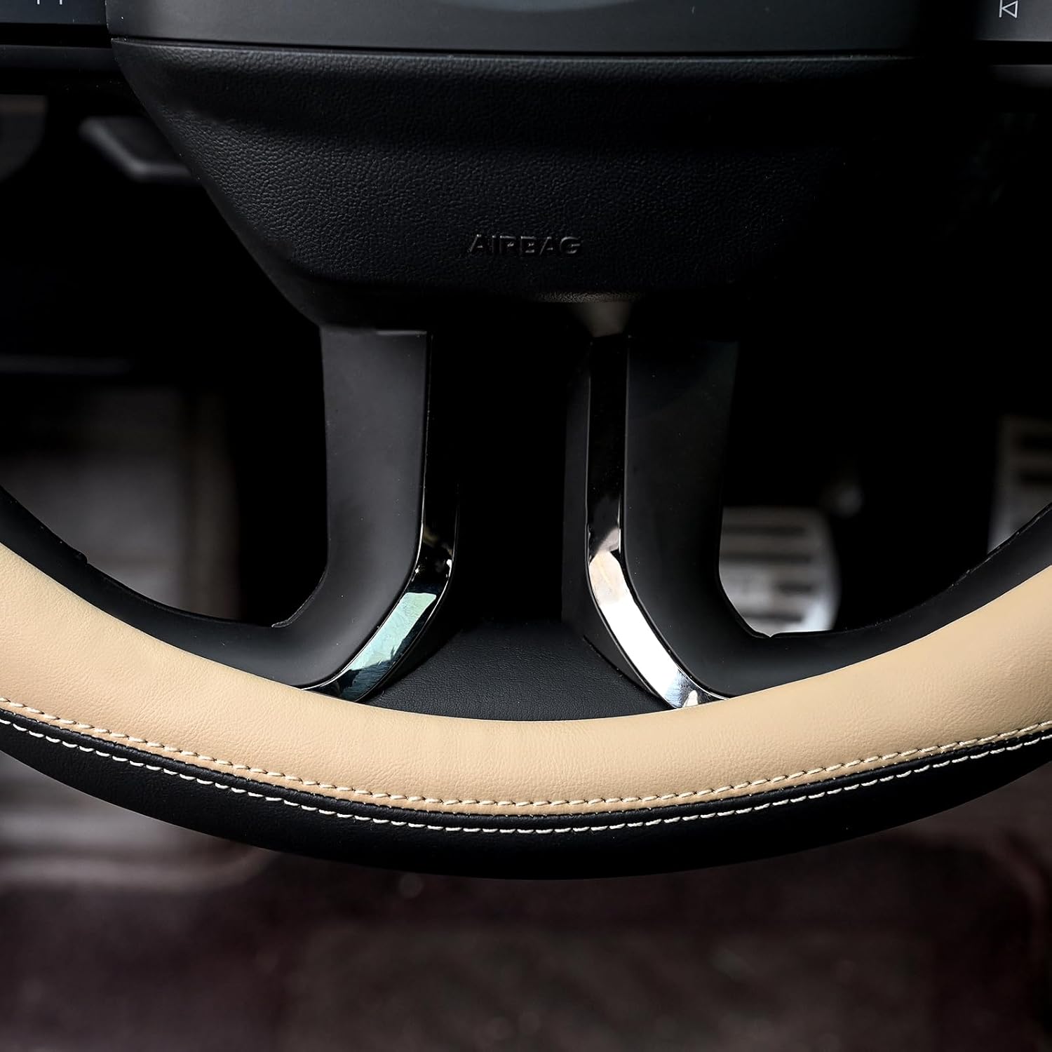 Microfiber Leather Steering Wheel Cover Universal 15 inch (Beige)