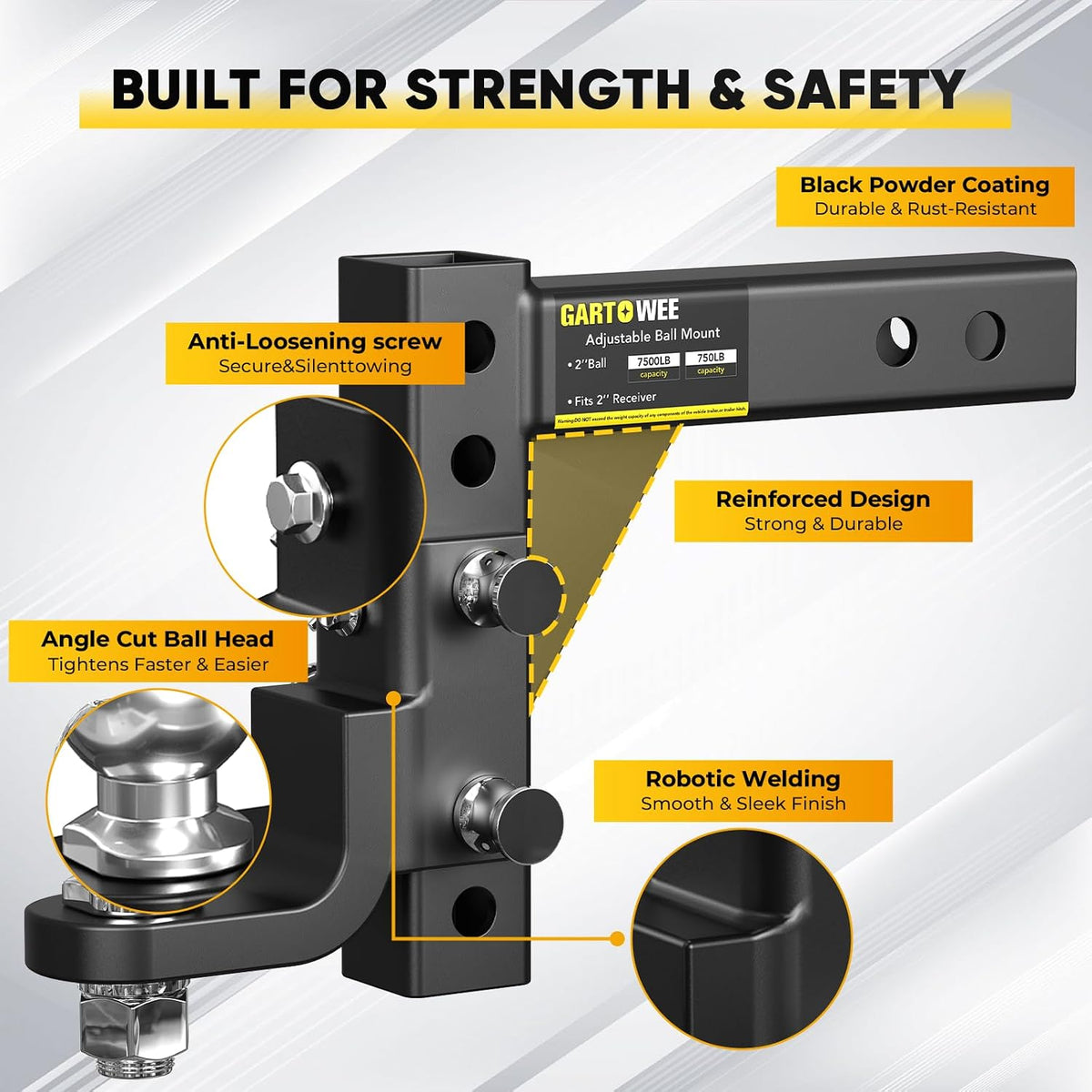 Adjustable Trailer Hitch Ball Mount with 2-Inch Tow Ball, Fits 2in Receiver, Drop Hitch 7500 lbs with Pin Heavy Duty