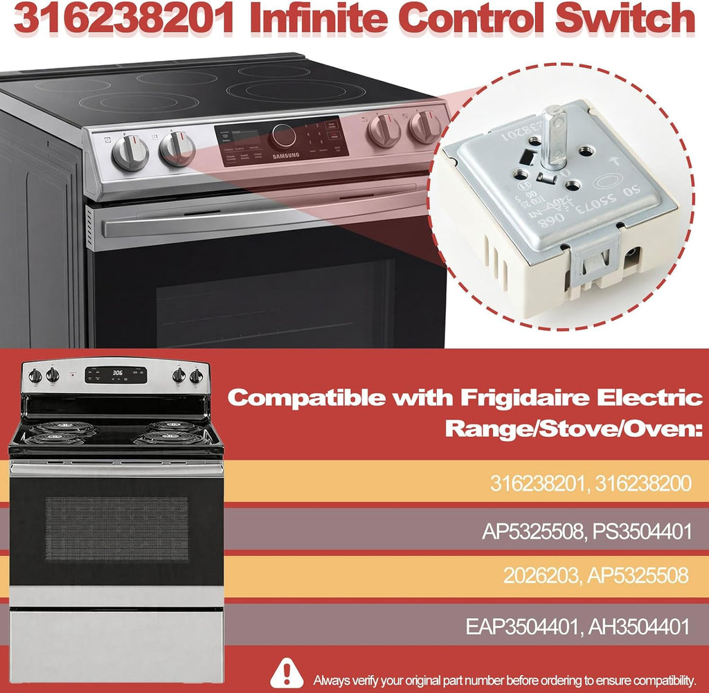 316238201 Infinite Switch for Frigidaire Stove Range Cooktop Burner Control Replacement Part, Replaces 316238200 AP5325508 Switch