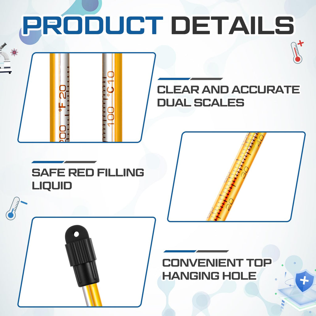 16 Pcs General Purpose Lab Thermometer, Glass, Total Immersion
