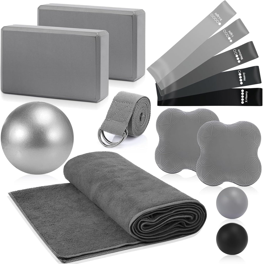 14 Pcs Yoga Kits for Home Workouts Pilates Equipment Set for Women Beginners, Hot Yoga Towel Blocks Strap, Knee Pad