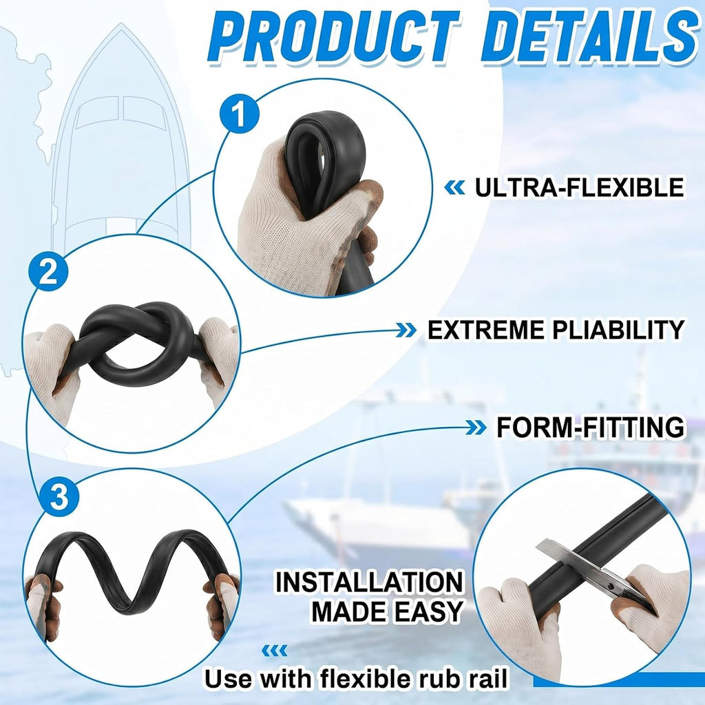TPE Boat Rub Rail Insert, Black, 50.85 FT x 3/4 x 3/8 Inch