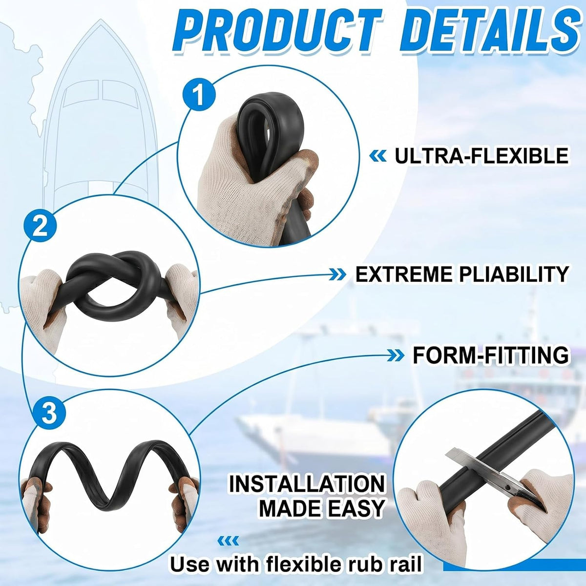 TPE Boat Rub Rail Insert, Black, 50.85 FT x 3/4 x 3/8 Inch