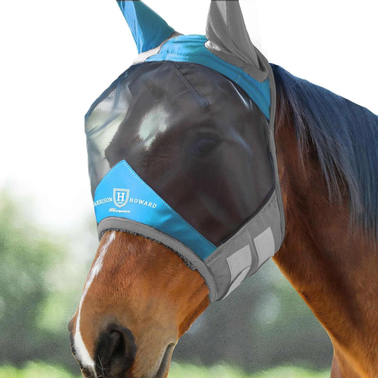 Pro Luminous Horse Fly Mask Standard with Ears UV Protection for Horse Azure Blue/Silver Large Full Size