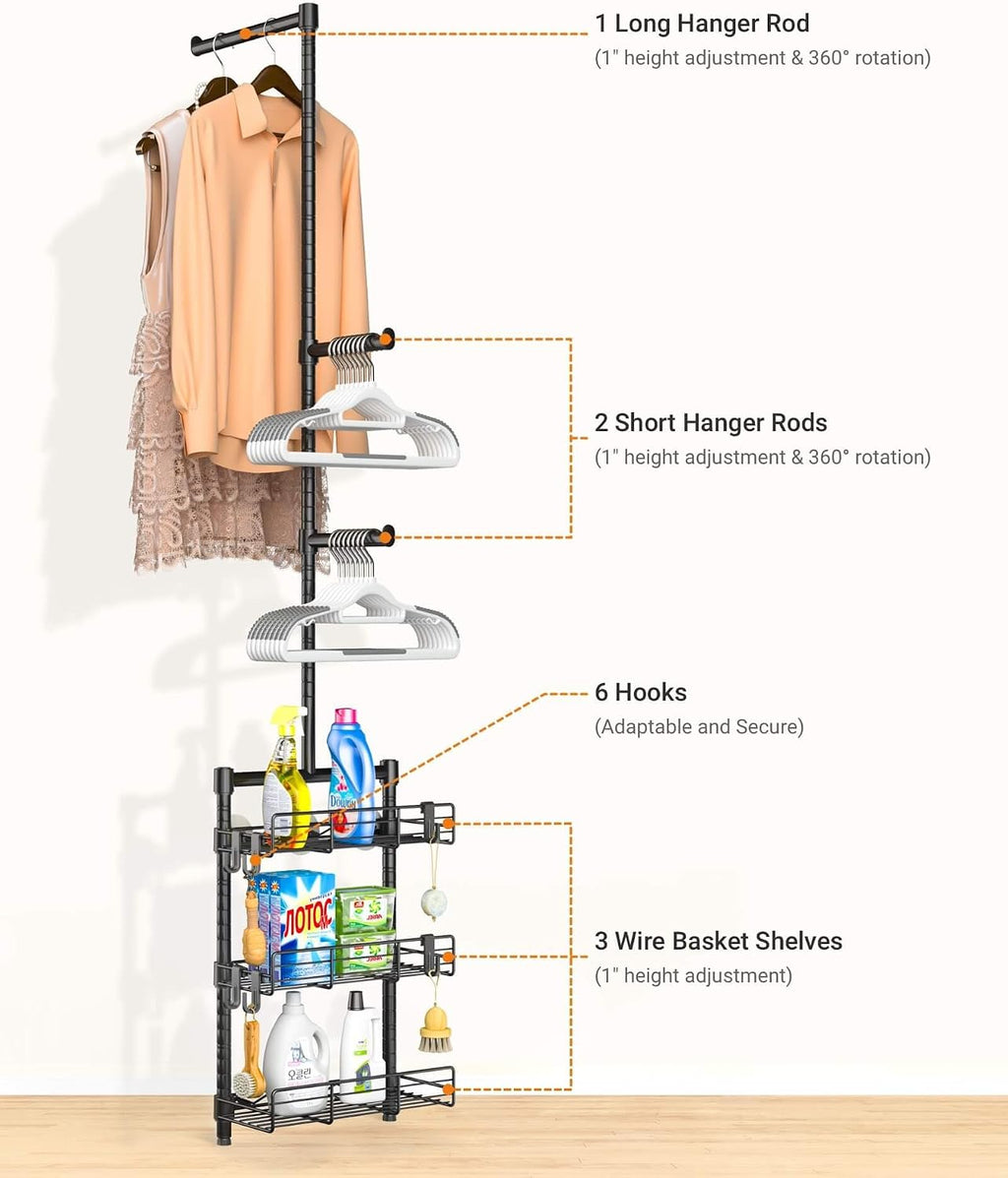 Laundry Room Shelves - Over the Washer and Dryer Storage Shelf, Laundry Hanging Rod with Basket and Hanger Organizer