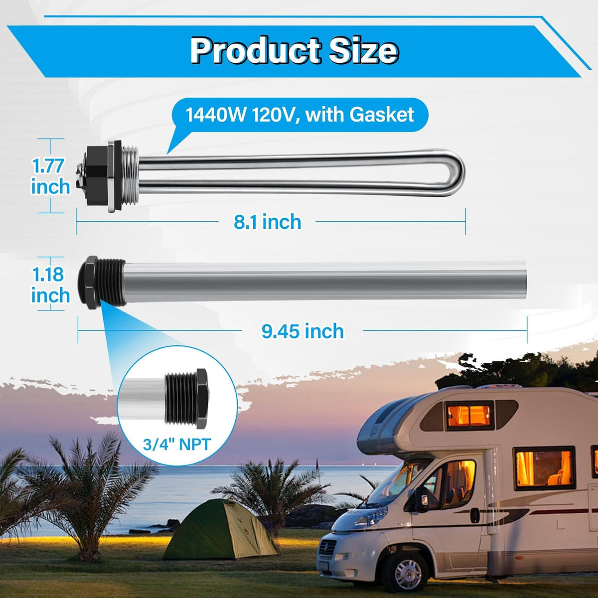 RV Water Heater Elements Kit Compatible with Suburban Water Heater Tanks, Include 9.25" Magnesium Anode Rod*1, 520900 Electric Water Heating Element*1, Dual Hex Wrench*1 and Tape*1 Replacement Parts