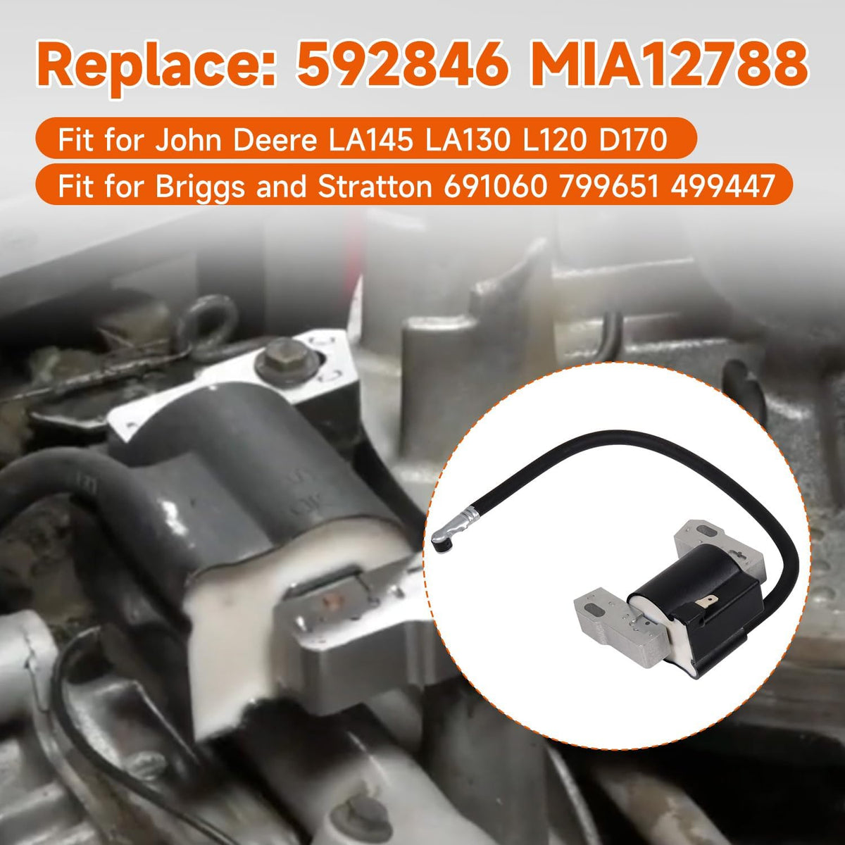 Replace 592846 Ignition Coil Replace MIA12788 for John Deere for LA145 for LA130 for L120 for D170 691060 799651 499447, for Intek V-Twin 18-22HP Engine, 2 Pcs