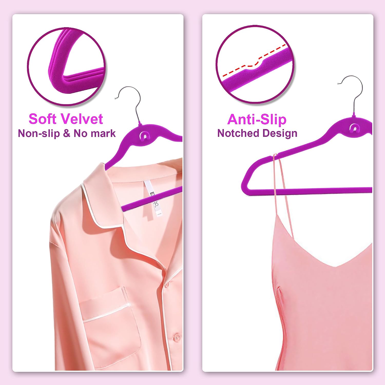 Multi-Color Velvet Hangers 50 Pack with Cascading Hooks, Non-Slip Black, Pink, White, Grey, and Purple Velvet Hangers