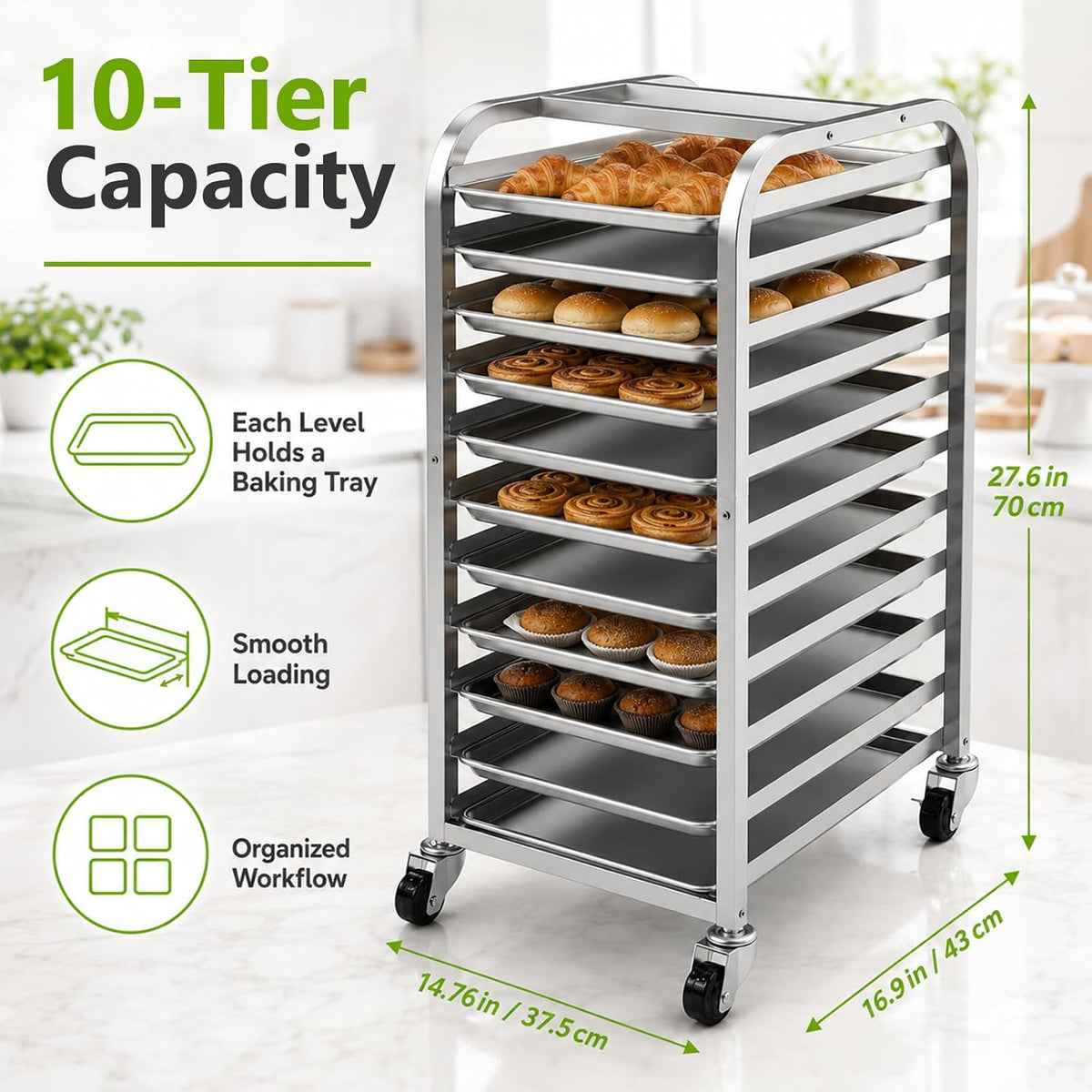 10-Tier Sheet Pan Rack with Wheels for Home Bakery Rolling Cart Fits 1/2 & 1/4 Sheet Pans, Commercial Grade Bread