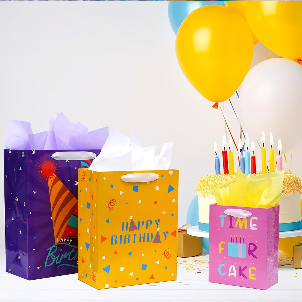 8 Pack Birthday Gift Bags Assorted Sizes with Tissue Paper
