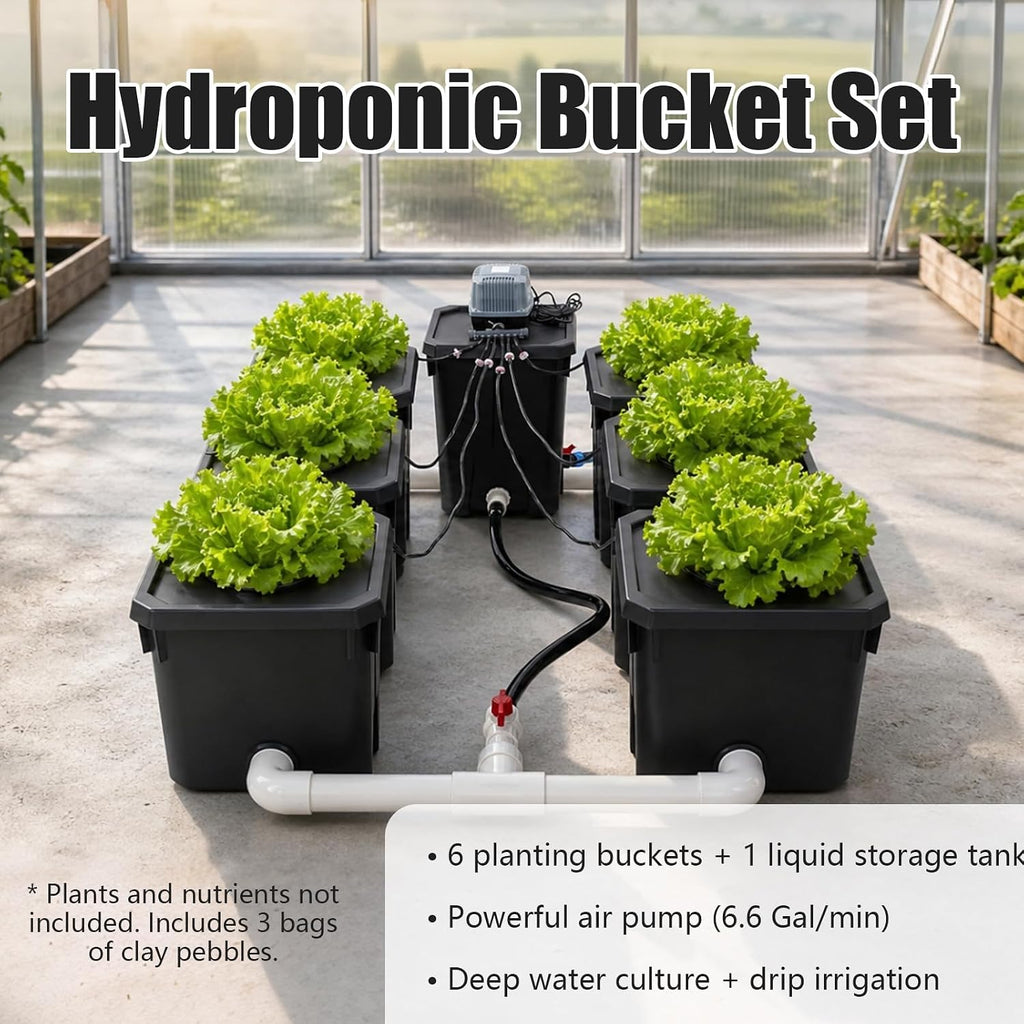 DWC Hydroponic System, Hydroponic Bucket Set (6 Planting Buckets+1 Storage Bucket), 7.13Gallon Water Culture Growing