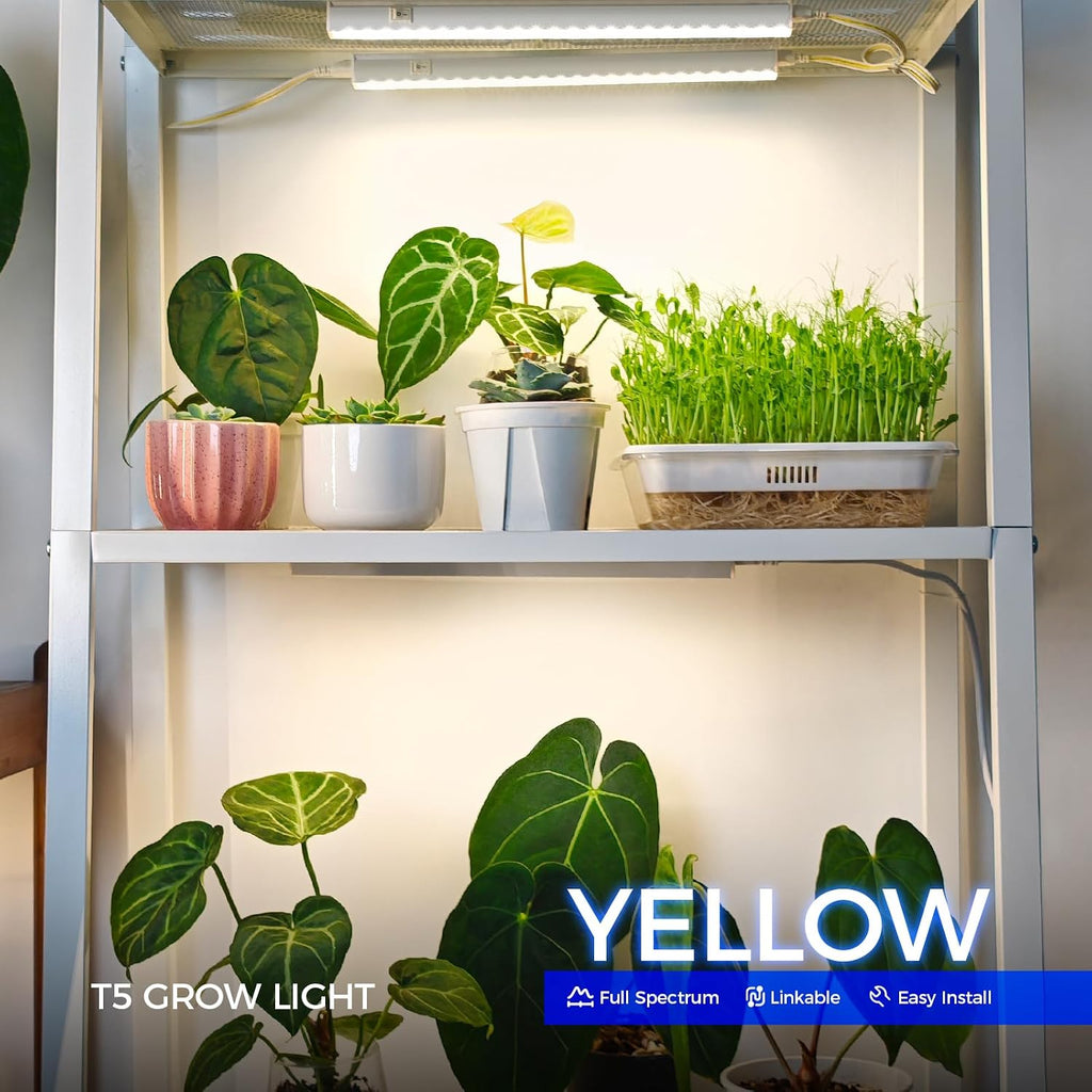 Grow Lights for Indoor Plant, Full Spectrum, T5 1FT Yellow, 4 Packs | White Cover Plant Growing Lamp, LED Grow Light