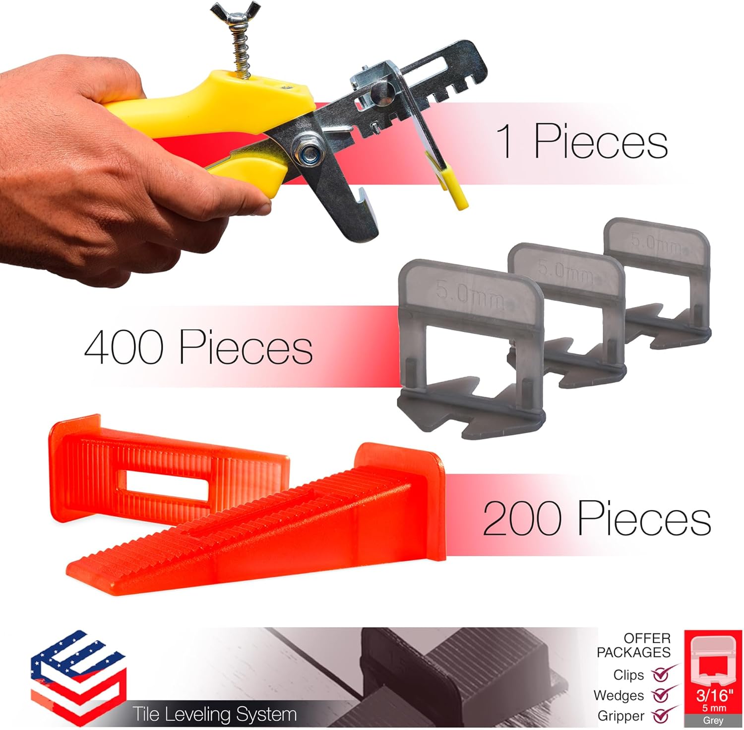Tile Leveling System (3/16 Inch) – 400 Tile Spacers + 200 Reusable Wedges + 1 Tile Plier – Smooth & Seamless Floor &