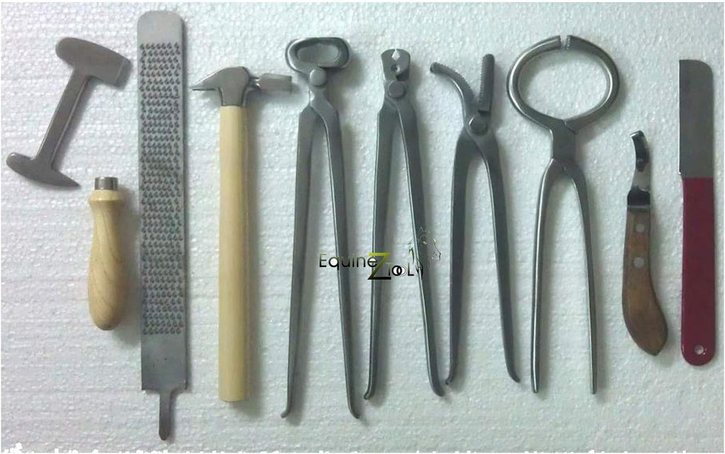 Horse Farrier Tool Kit – 9 Piece Complete Hoof Care Set with Hoof Nippers, Hoof Knife, Rasp, Clincher, Puller, Hammer