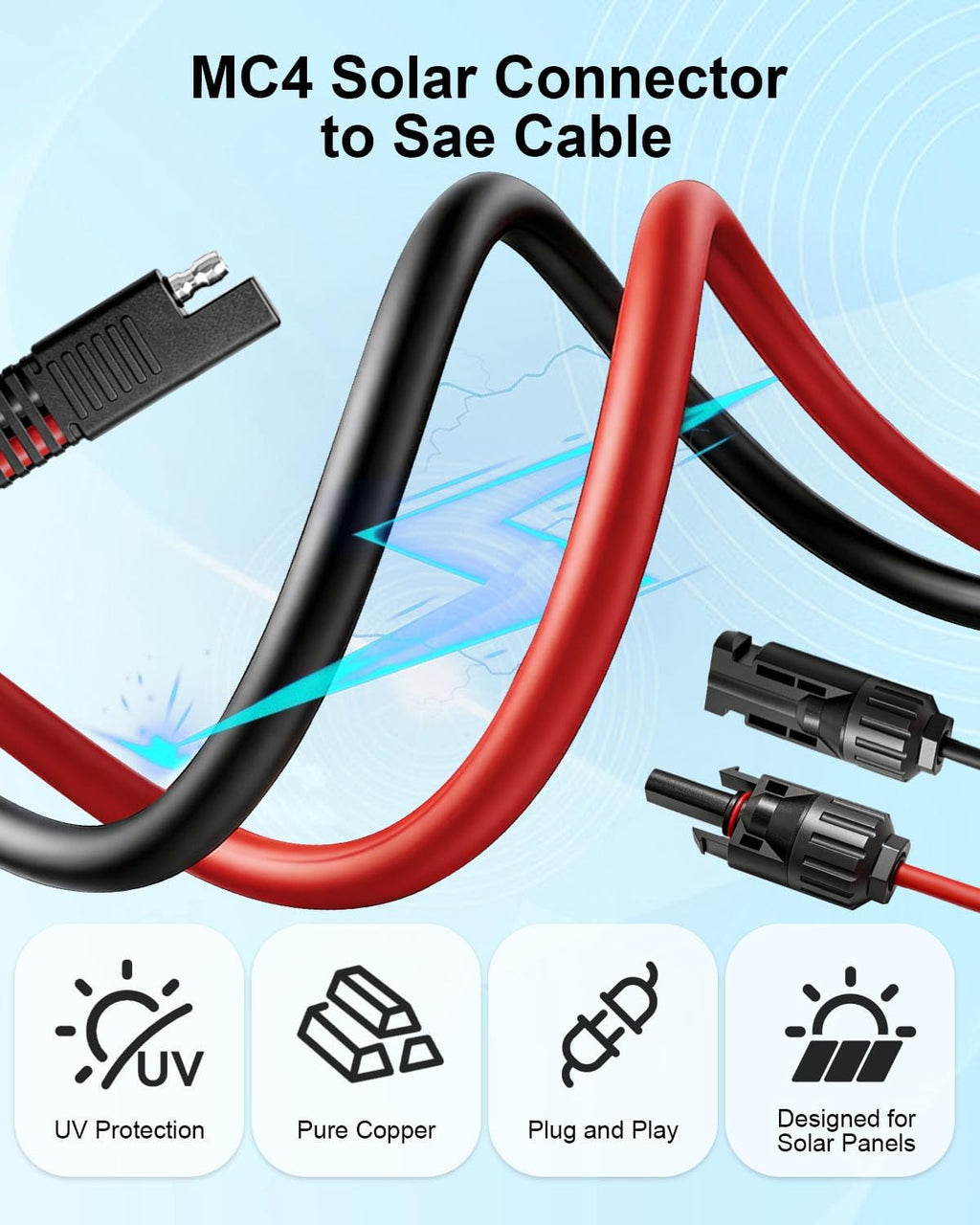 Solar Panel to SAE Adapter Cable, 10FT 10AWG MC4 to SAE Adapter | Solar Extension Cable with Fuse/SAE Polarity