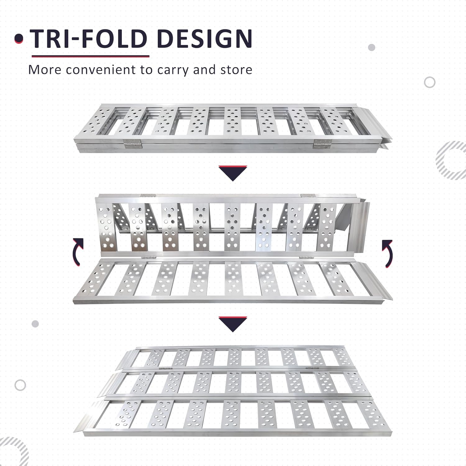 Tri-Fold Ramps with Treads, Full Width Aluminum Loading Ramps with Load Straps, Manual Welding Ramp for Motorcycles