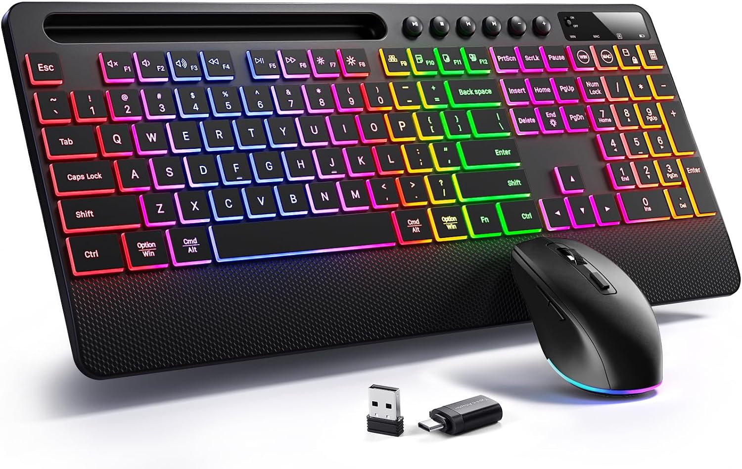 Wireless Keyboard and Mouse Combo, RGB Backlit, Ergonomic Wrist Rest | Phone Holder, Full Size, 2.4GHz, 3 Level DPI