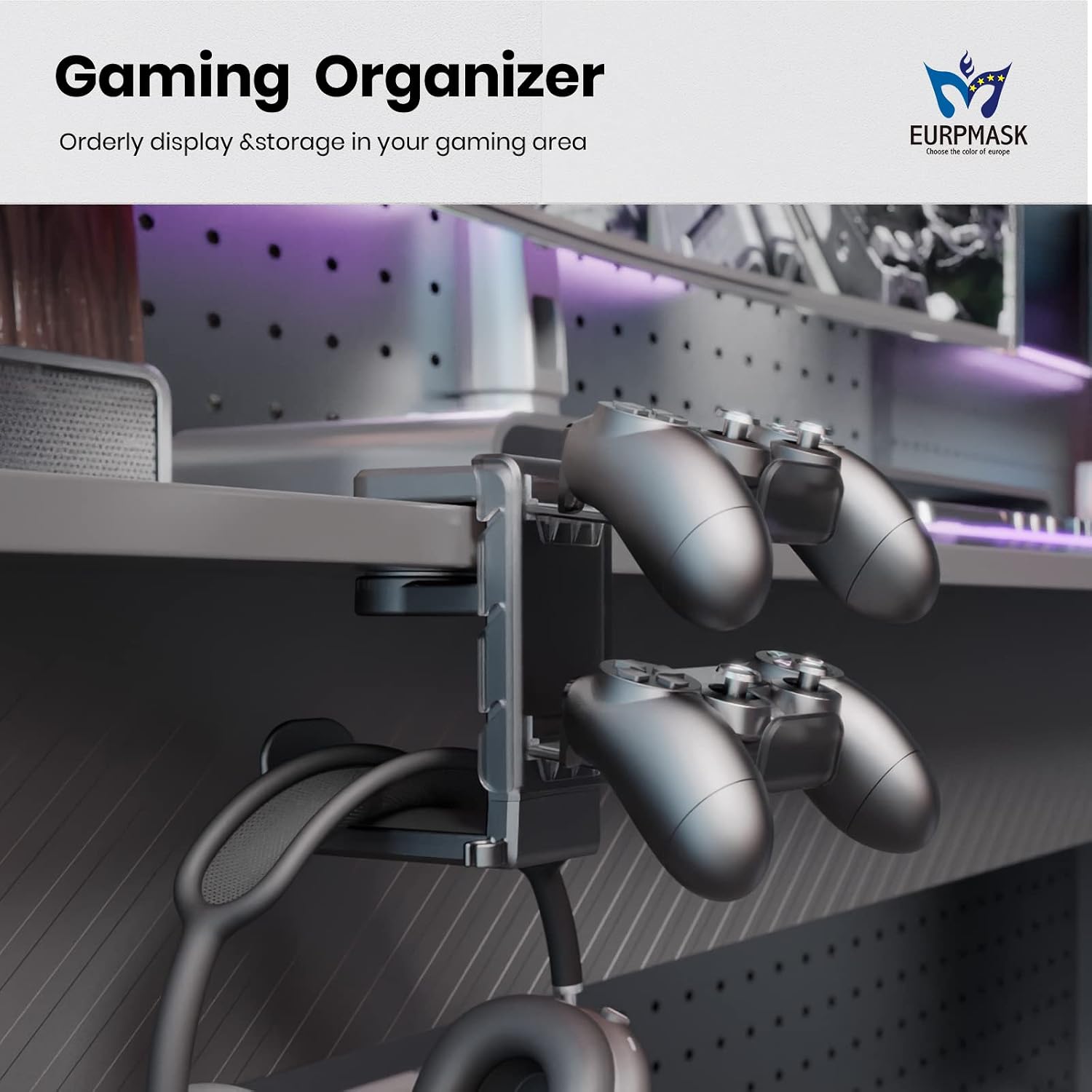 3-in-1 Headset&Controller Holder - EURPMASK Upgraded PC Gaming Headset Stand, Adjustable Clamp-on Headphone