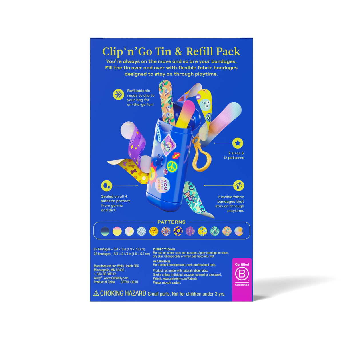 Bandage Clip N' Go Tin & Refill Pack | Adhesive Flexible Fabric Bandages and Tin | Assorted Shapes and Patterns for