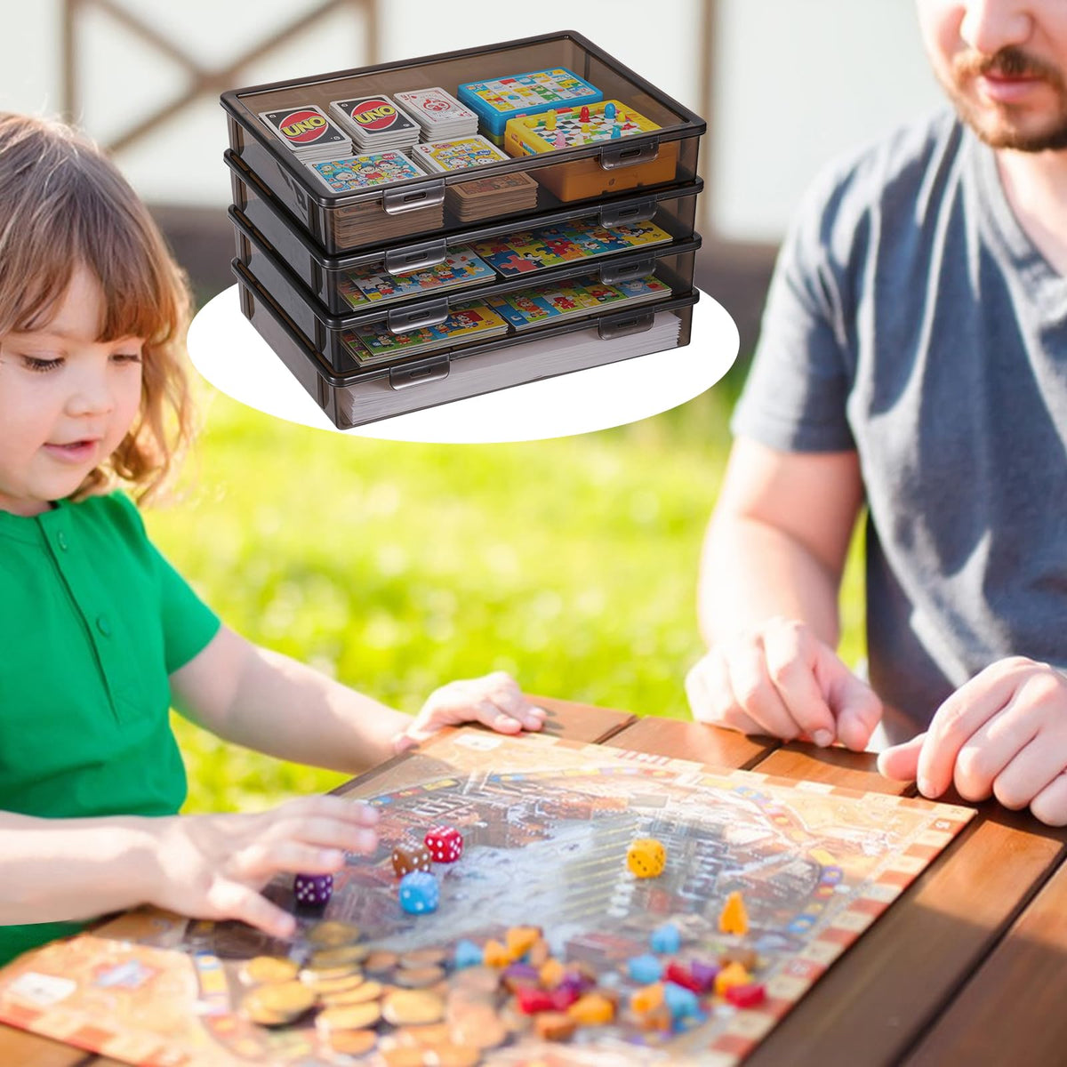 4 Pcs Board Game Storage Stackable Organizer Box with Snap Latch Lid Plastic Container Case for Board Games Puzzles