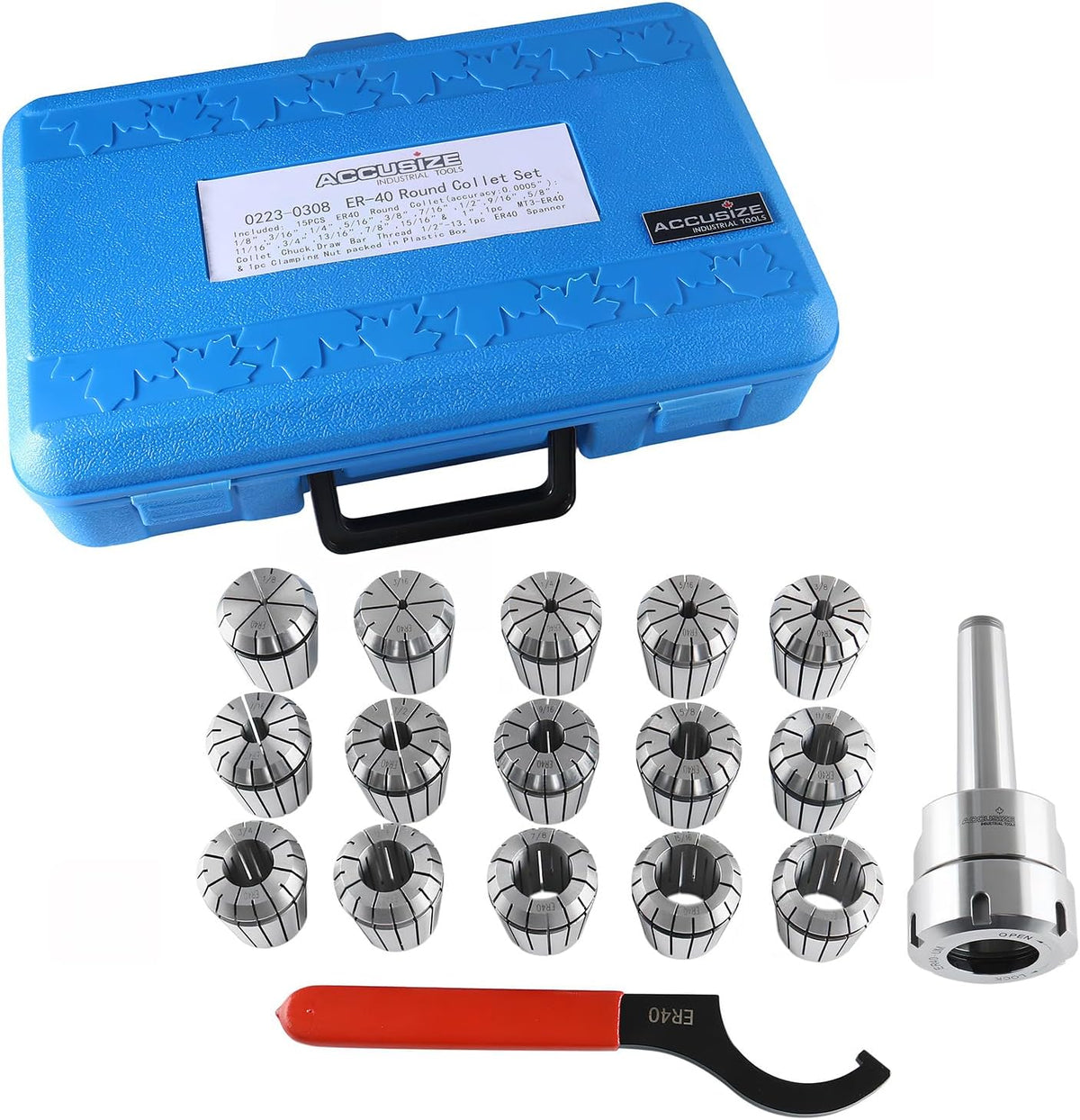Accusize MT3 Shank ER40 Chuck with 15-Piece Collet Kit, 0223-0308