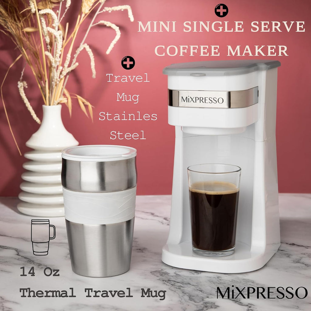Single Serve & Single Cup Coffee Maker with 14oz Travel Mug White | For ground coffee only, reusable filter, auto