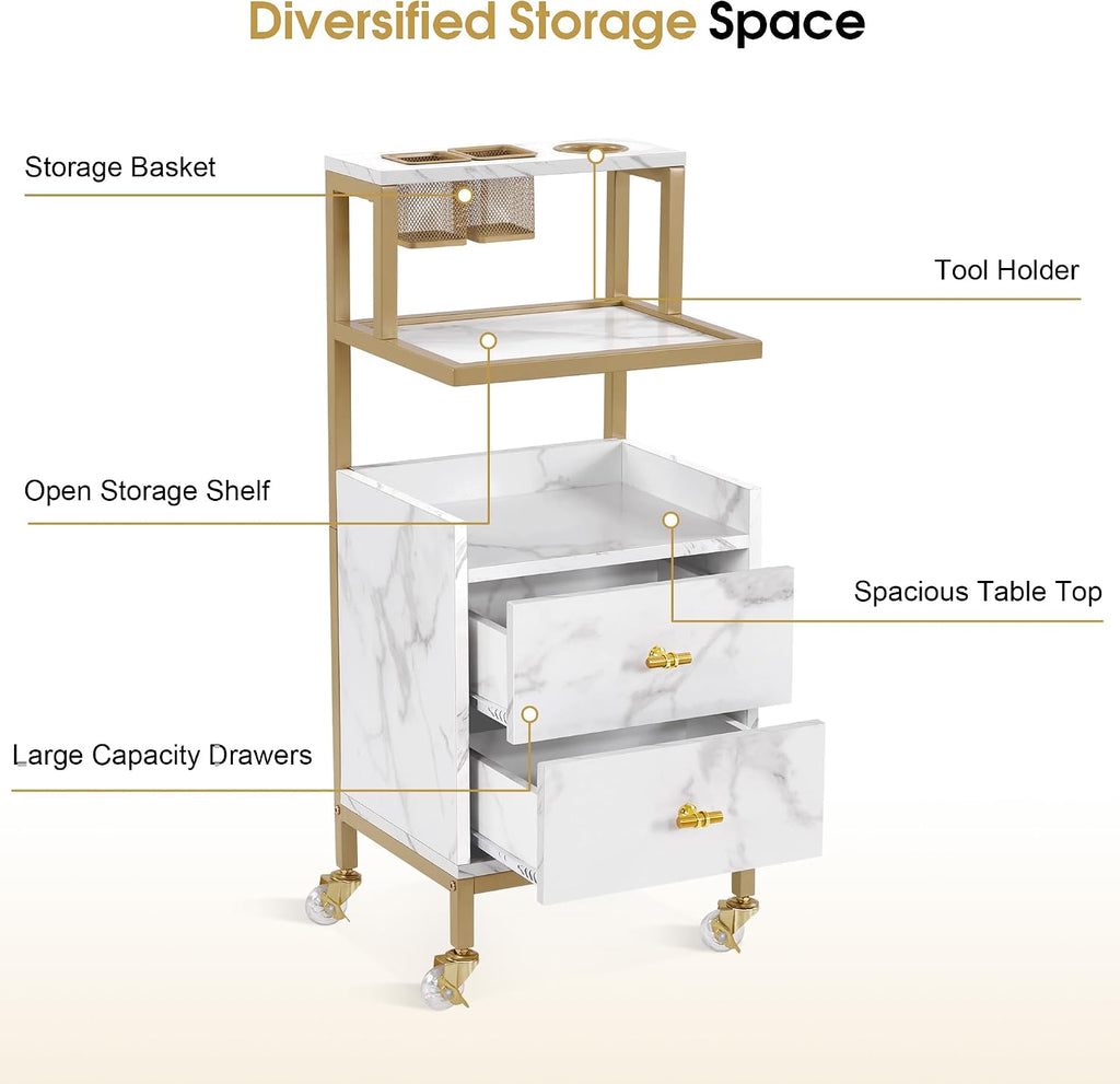 Salon Cart with Drawers, Barber Trolley 2084 (White Medium) | Rolling Salon Cart with Storage Drawers&Metal Tool