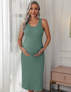 Maternity Dress Rib Knit Sleeveless Side Slit Pregnancy Clothes