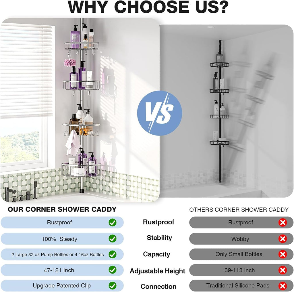 Corner Shower Caddy Tension Pole: Stainless Steel Rustproof 4-Tier Shower Organizer - 47-121 inch Adjustable Bathroom