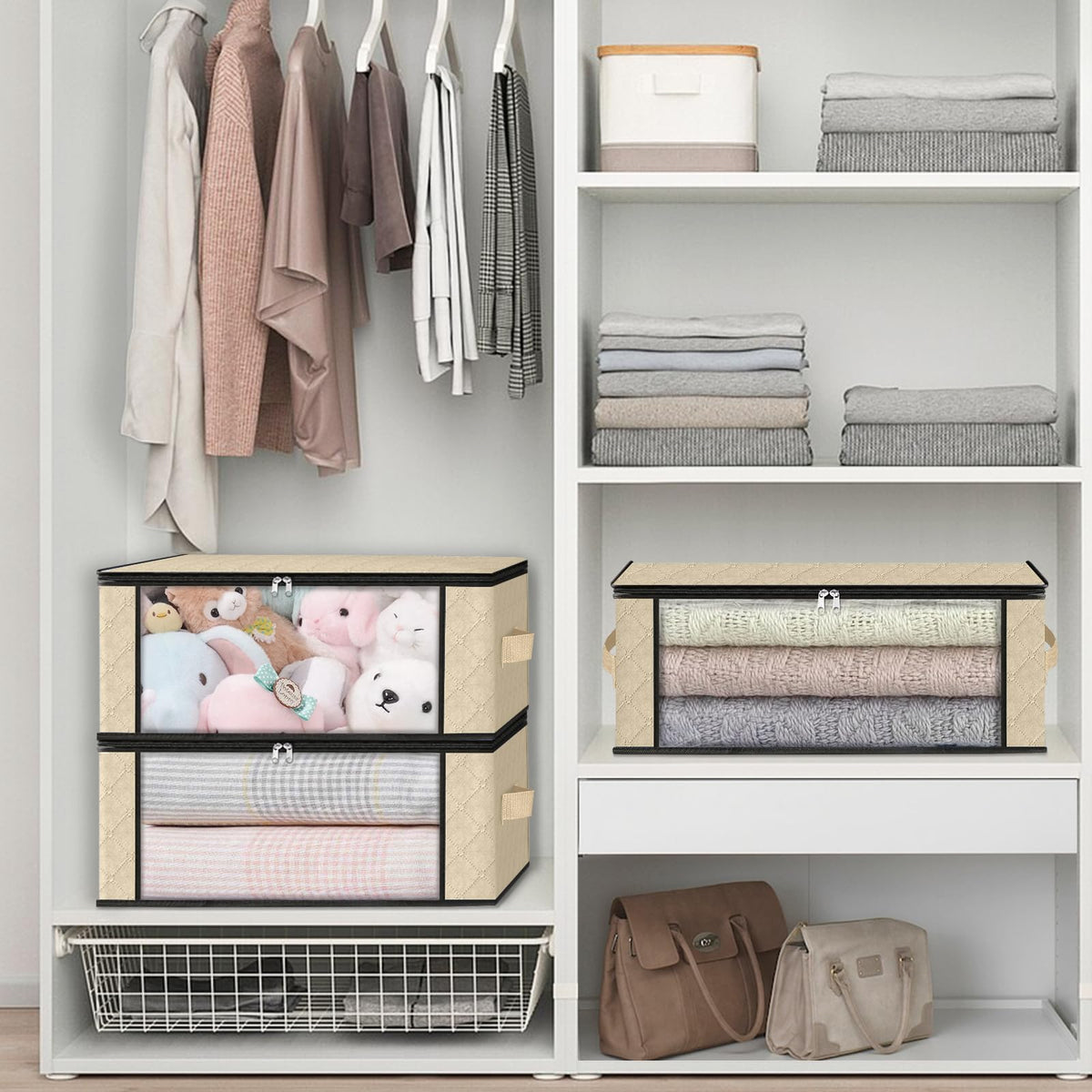 10-Pack Clothes Organizer Storage Bags, 35L Storage Bins, Beige