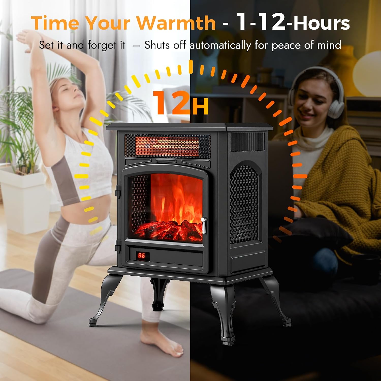 Electric Fireplace Stove Heater - Freestanding Electric Fireplace Heater with 3D Flame Effect, 1500W Infrared