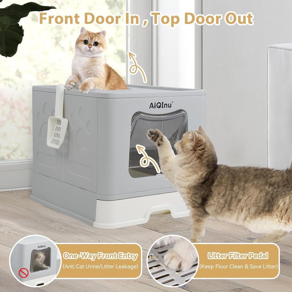 XLarge 80L Foldable Cat Litter Box with Lid, Top Exit & Front Entry Kitty Litter Box, Includes Litter Mat & Scoop