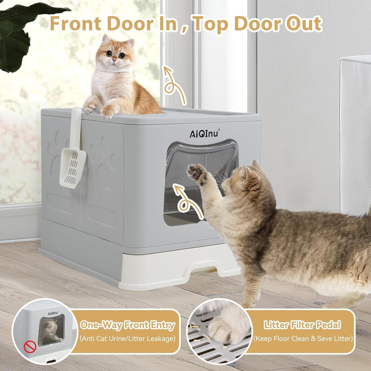 XLarge 80L Foldable Cat Litter Box with Lid, Top Exit & Front Entry Kitty Litter Box, Includes Litter Mat & Scoop