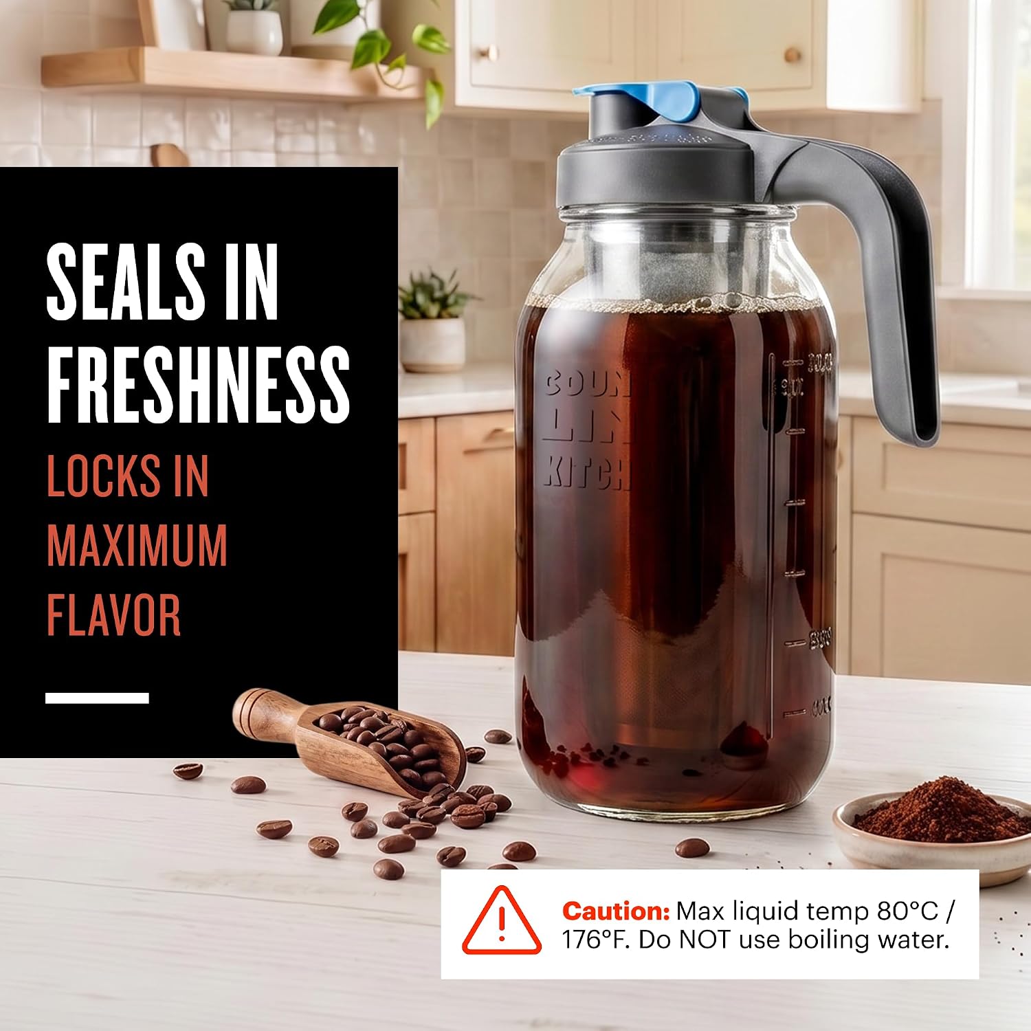 64oz Cold Brew Coffee Maker with Leak Proof Lid - Gray | Glass Cold Brew Coffee Maker - Wide Mouth Mason Jar
