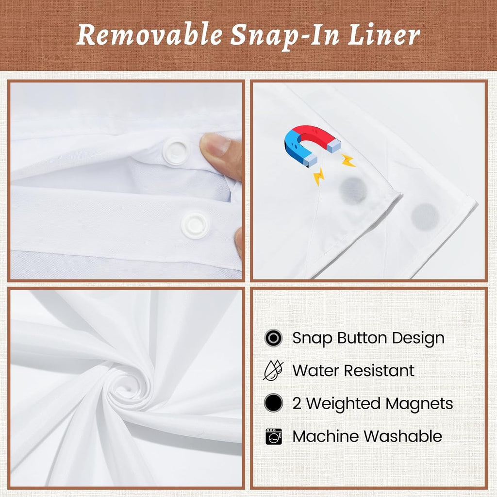 No Hook Shower Curtain and Liner, Linen-Look Polyester Textured Shower Curtain with Snap in Liner, Waterproof &