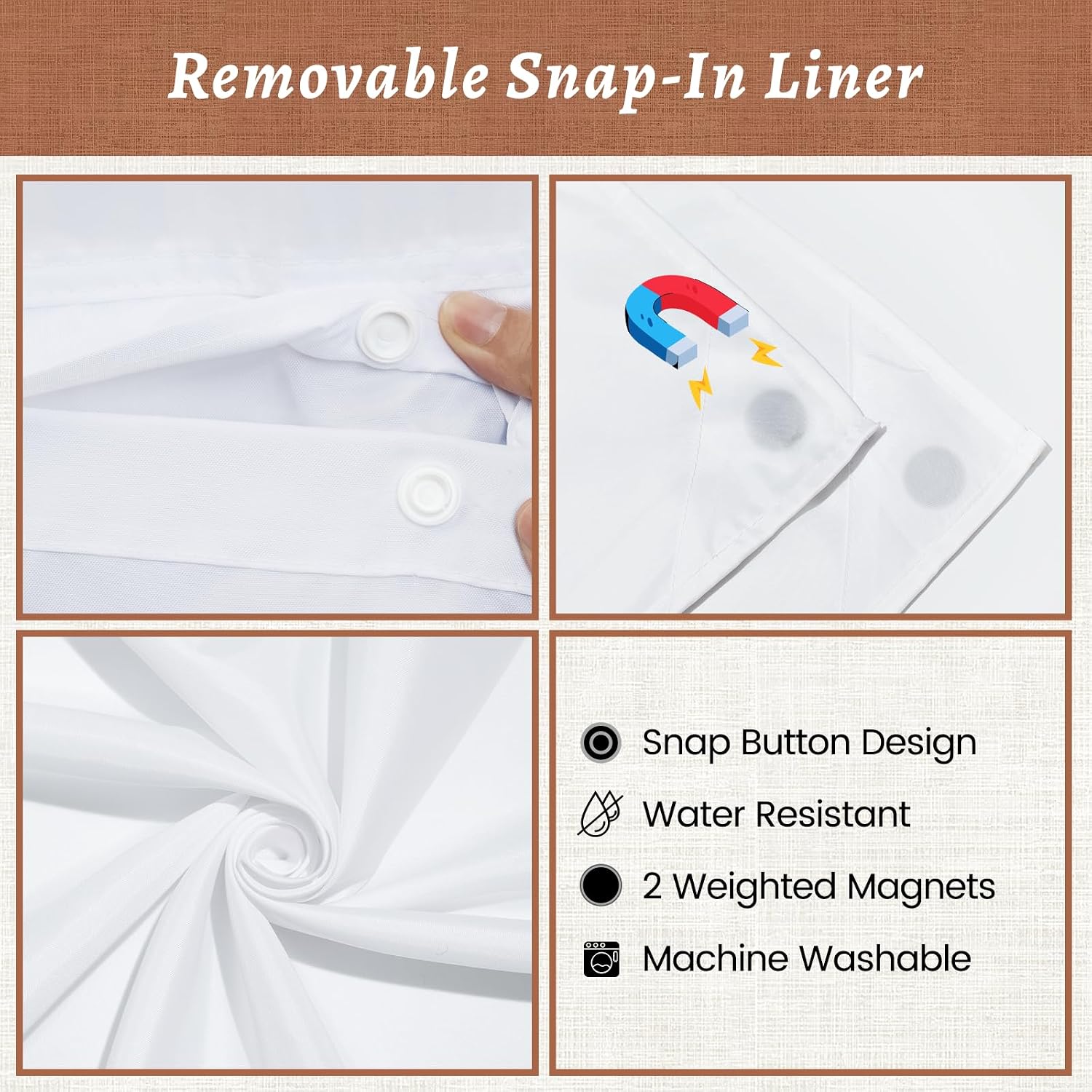 No Hook Shower Curtain and Liner, Linen-Look Polyester Textured Shower Curtain with Snap in Liner, Waterproof &