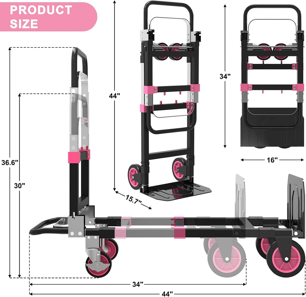 3-in-1 Folding Heavy Duty Hand Truck Dolly Cart Trolley with Wheels (Pink) | 500lbs, Convertible,Moving Cart with