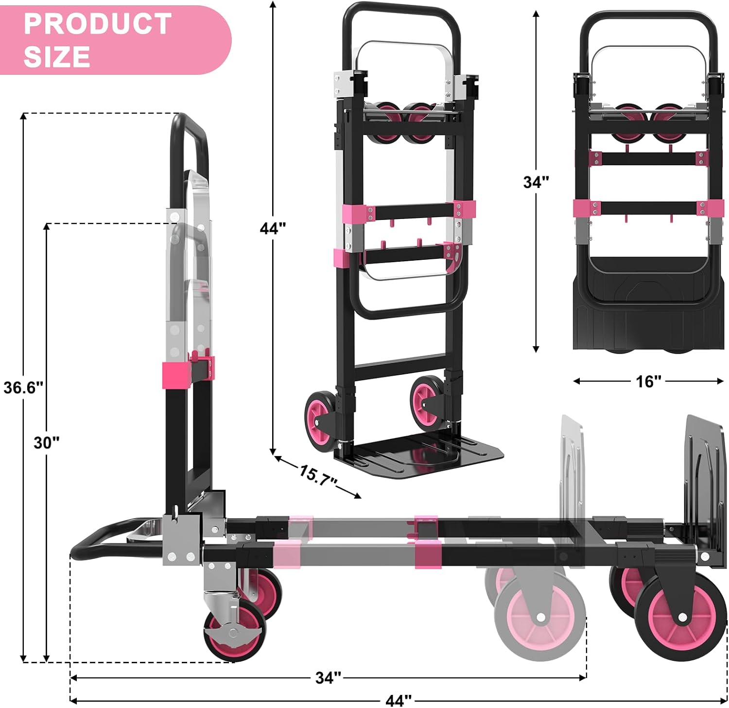 3-in-1 Folding Heavy Duty Hand Truck Dolly Cart Trolley with Wheels (Pink) | 500lbs, Convertible,Moving Cart with
