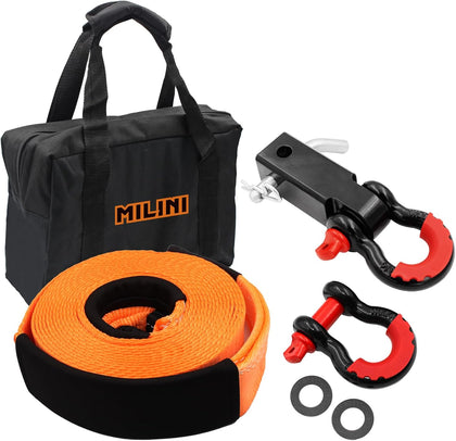 Offroad Recovery Strap Kit, 3" x 30ft Tow Strap+ Shackle Hitch Receiver 2 inch 42000 Lbs+D Ring Shackles+Bag, 4x4