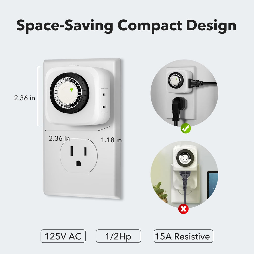 Indoor Timers Plug Mechanical 2 Prong 24-Hour Mini Lamp Timers 2 Pack