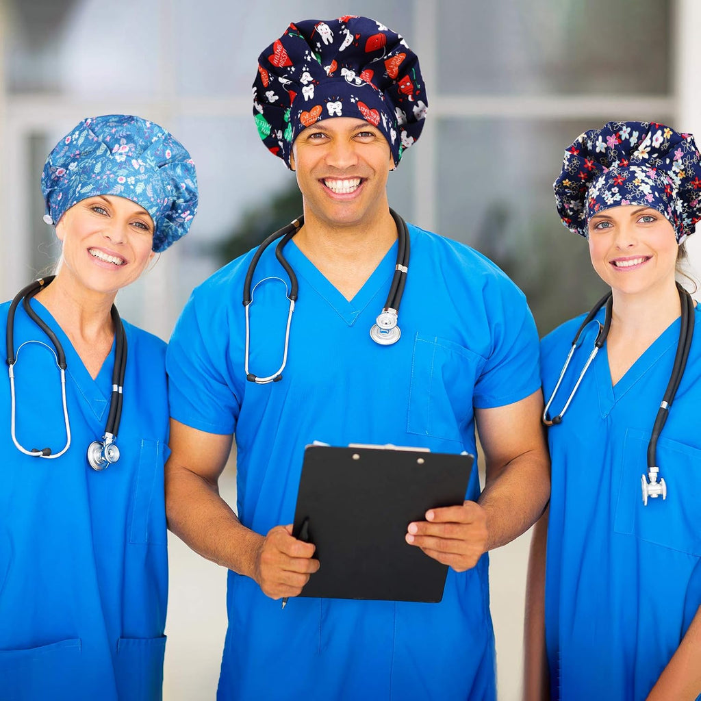 12 Pieces Bouffant Caps for Women Adjustable Nurse Working Hats with Button and Sweatband Printed Caps for Men Women