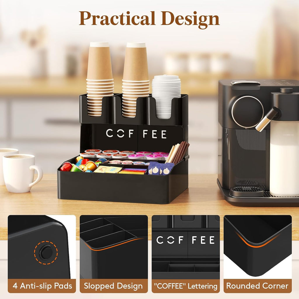 2-tier Coffee Station Organizer, 10 Compartments, Black, Plastic