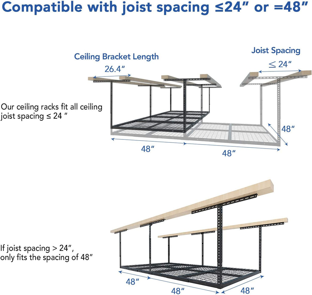 4x8 Overhead Garage Storage Rack, Adjustable Organization System, Heavy-Duty Metal Ceiling Racks, 750lbs Weight