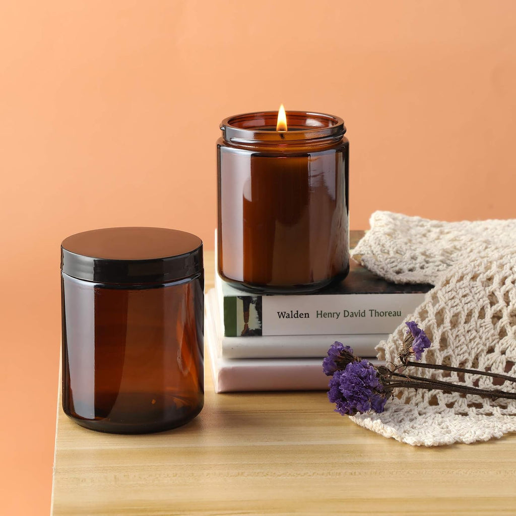 12 Pack, 8 OZ Dark Amber Candle Jars for Making Candle - Thick Glass Jars with 12 Metal & 12 Plastic Lids - Empty