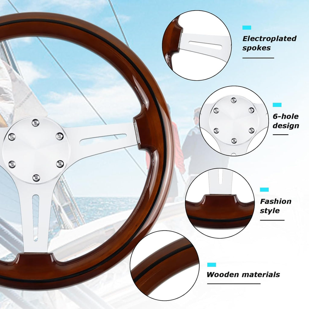 13.8" Boat Steering Wheel with 3/4" Tapered Shaft, 6 bolts Wood Grain Classic Nostalgia Boat Steering Wheel for Seastar and Verad, for Marine Boats, Yacht,Vessels,Pontoon Marine-Mirrored-silver