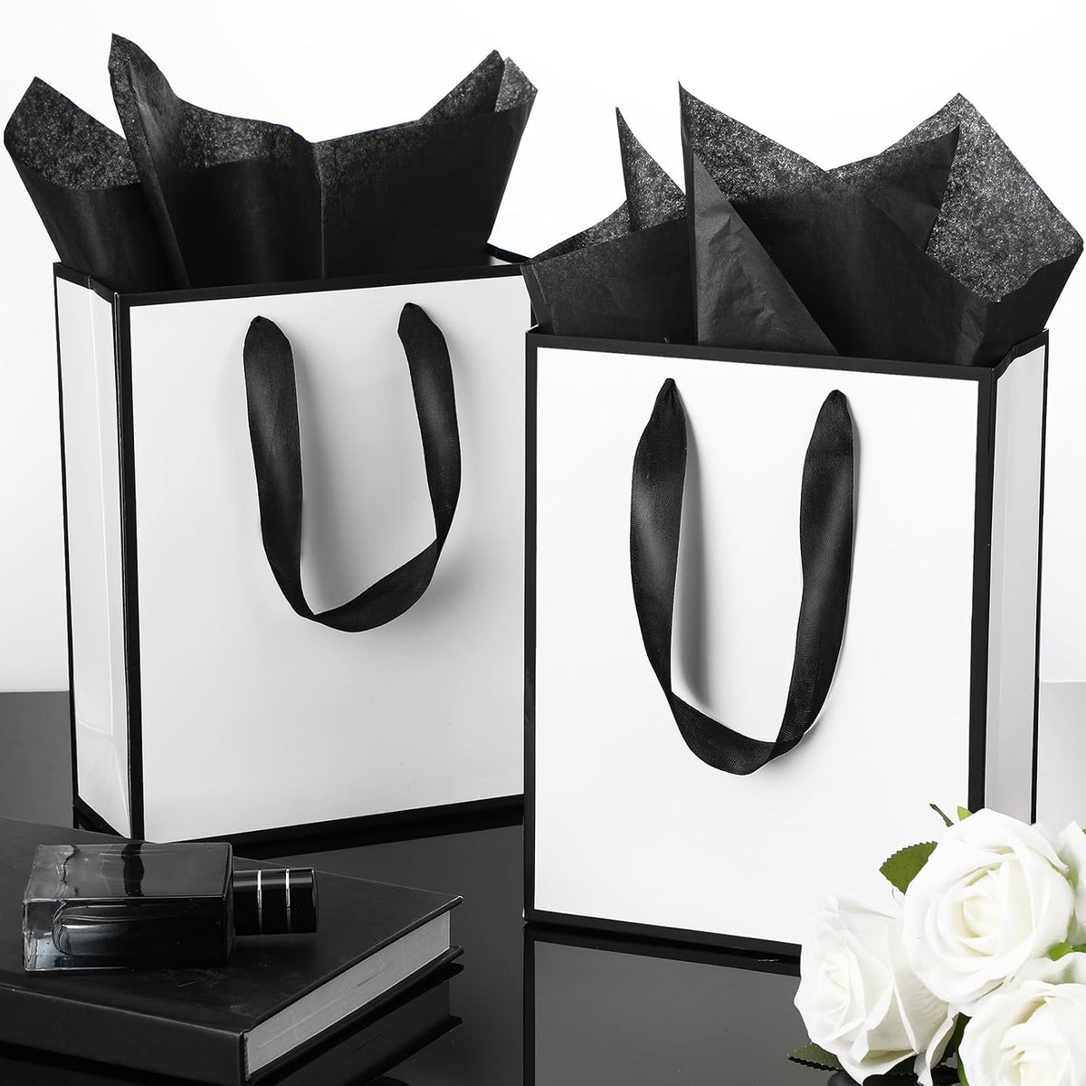 50 Pack Metallic Paper Gift Bag Bulk with Handle, White Black
