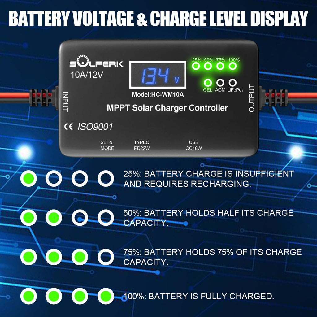 MPPT 10A 12V Solar Charge Controller for Gel AGM Lithium LiFePO4 | Solar Panel Charge Controller LCD Display with