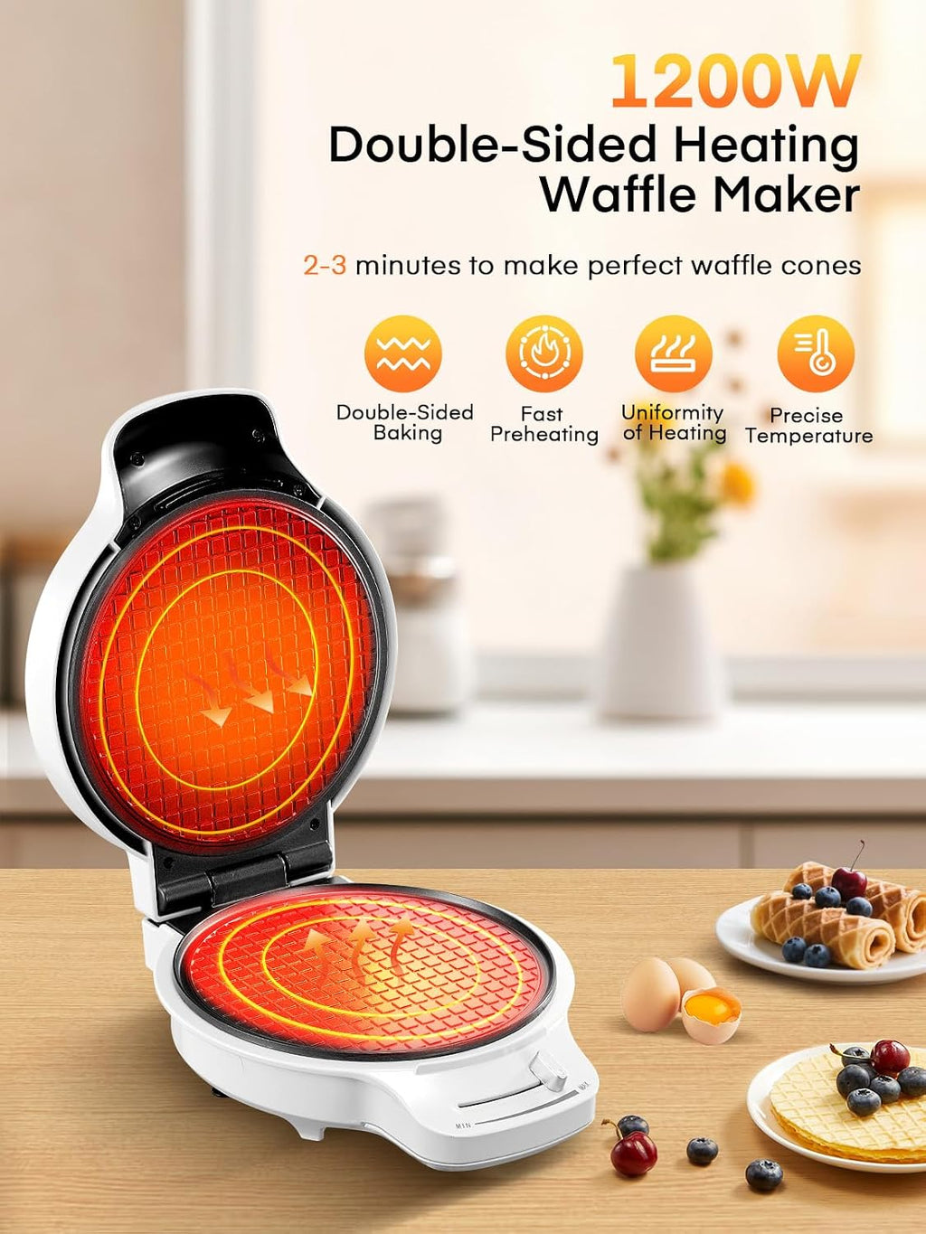 Waffle Cone Maker Machine and Ice Cream Bowl Maker with Temperature Control, Double Side Nonstick Waffle Bowl Maker